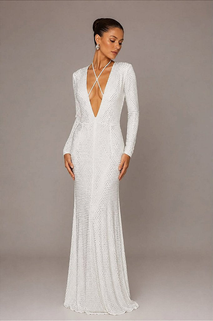 Vestido Branco Perfurado Longo | We Fashion Outlet