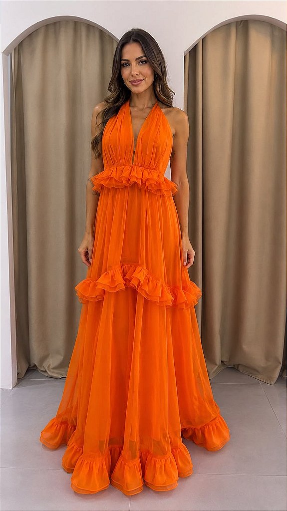 Vestido Laranja Ruffle Fluido | We Fashion Outlet