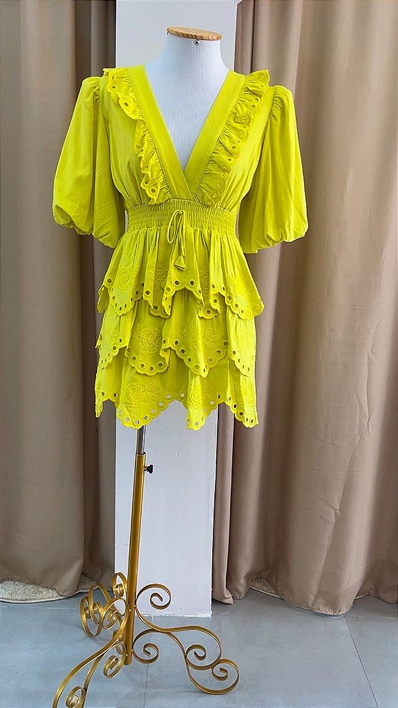 Vestido Amarelo Ruffle Manga Bufante | We Fashion Outlet