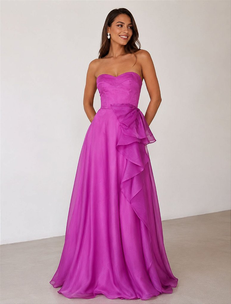 Vestido Longo Seda Rosa com Babados | We Fashion Outlet