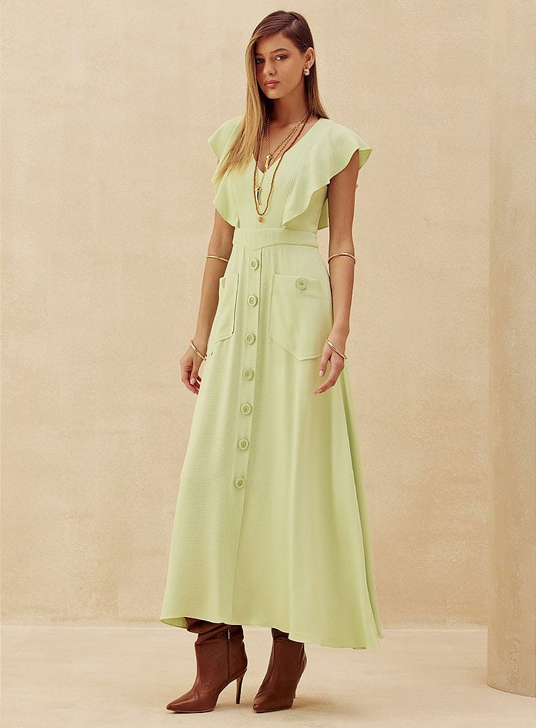 Vestido Midi Verde Folhado | We Fashion Outlet