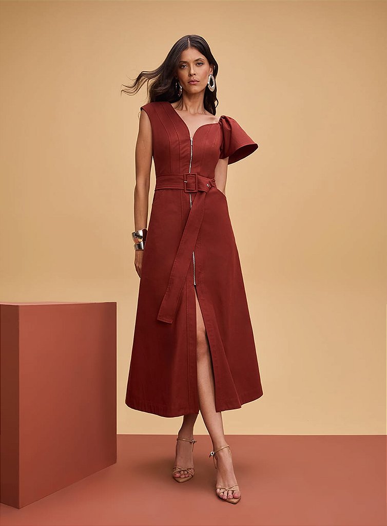 Vestido Midi Fluido com Decote Curvado | We Fashion Outlet