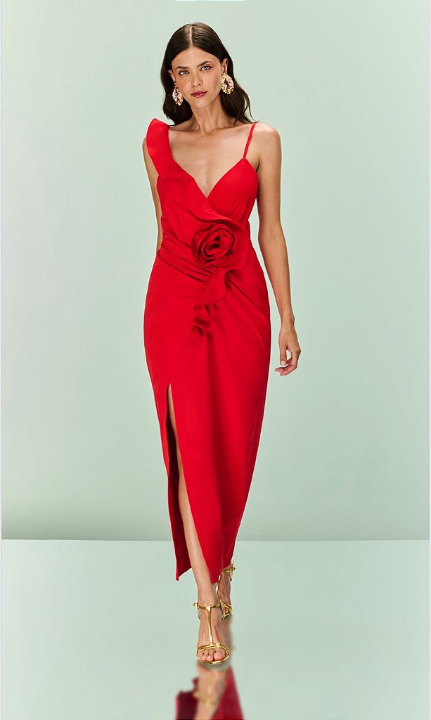 Vestido Midi Franzido Vermelho | We Fashion Outlet