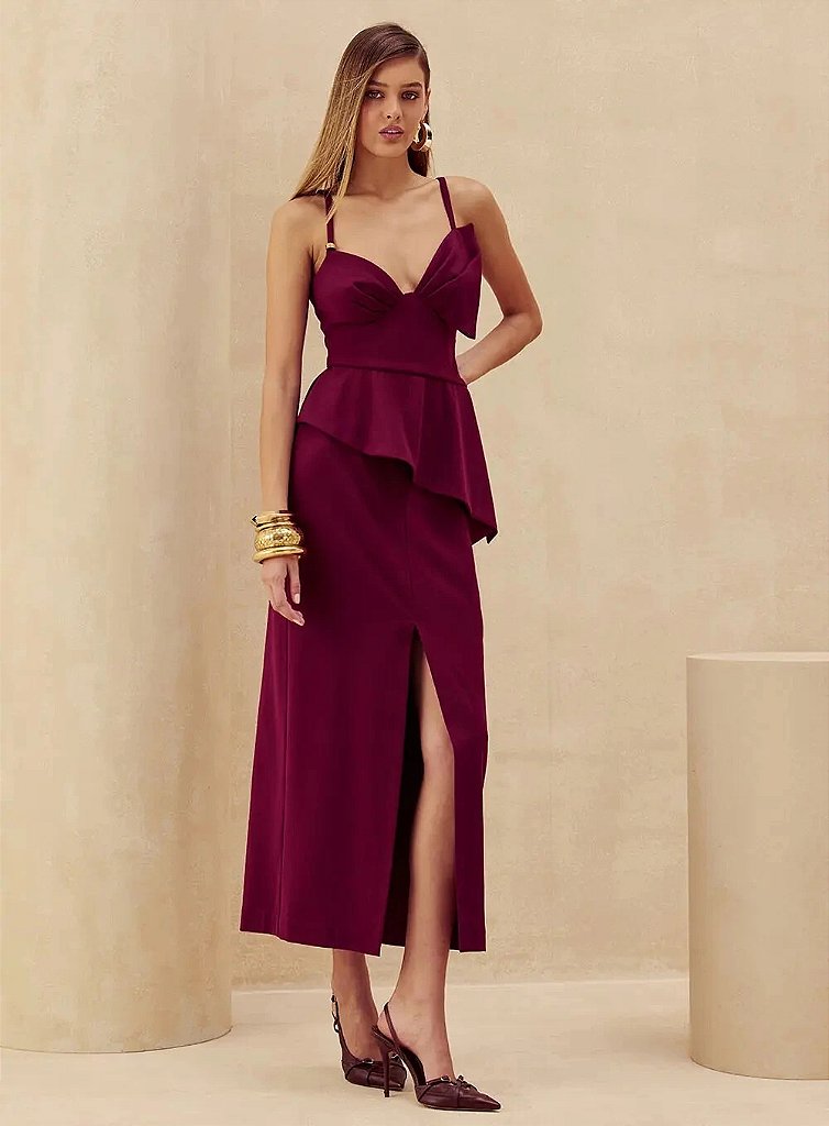Vestido Decote Profundo Vermelho Bordeaux | We Fashion Outlet
