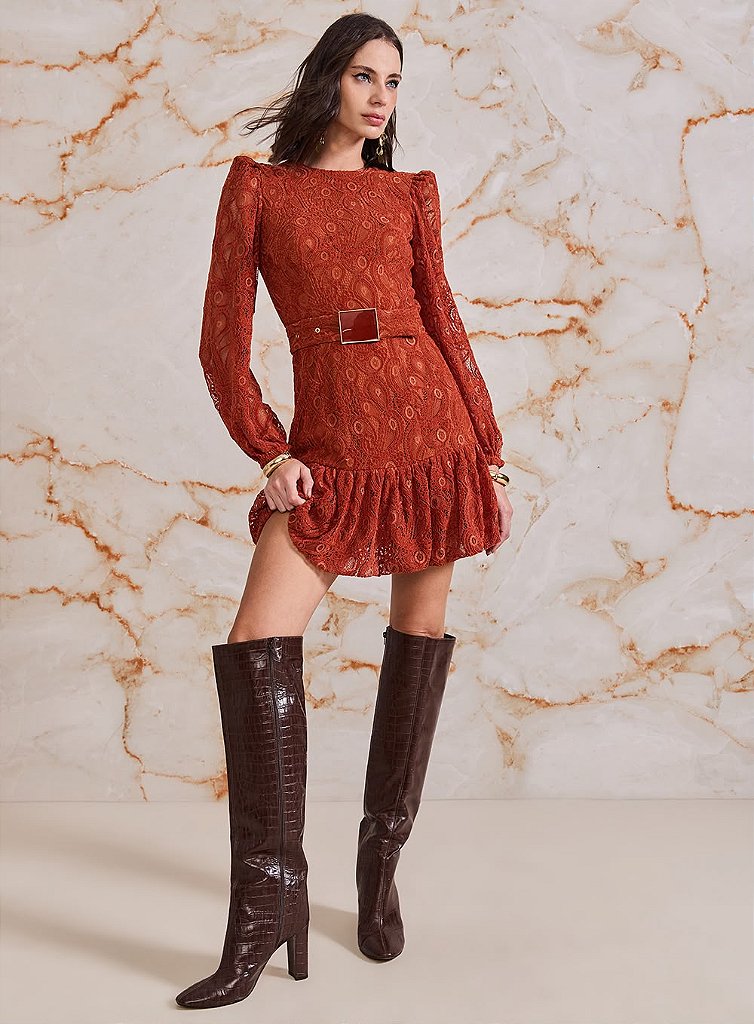 Vestido Curto Renda Longo Manga | We Fashion Outlet