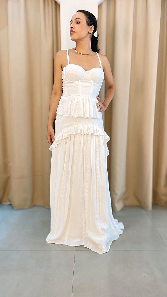Vestido Branco Fluido com Babados | We Fashion Outlet