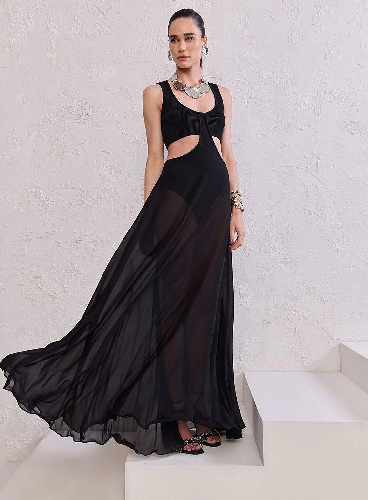 Vestido Longo Fluido com Detalhe Tricot | We Fashion Outlet