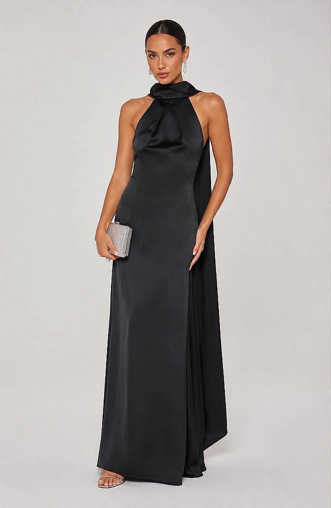 Vestido Longo Preto Drapeado | We Fashion Outlet